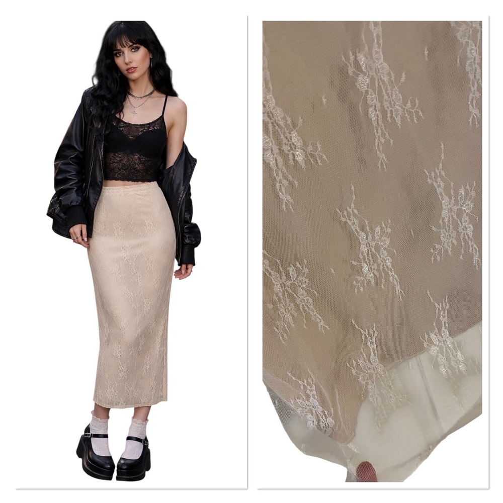 Ivory Floral Embroidered Mesh Overlay Bodycon Maxi Skirt Romantic Fairy Y2K 28"W